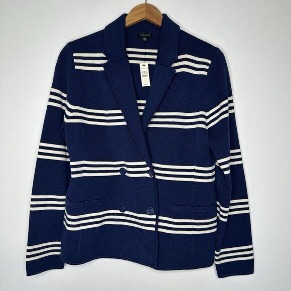 Talbots Knit Sweater Blazer Size L Stripe Navy Blue Double Breasted - Picture 1 of 7